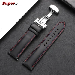 Premium Genuine Calfskin Leather Watch Strap with Butterfly Buckle and Dual Stitching - 22mm (Black)