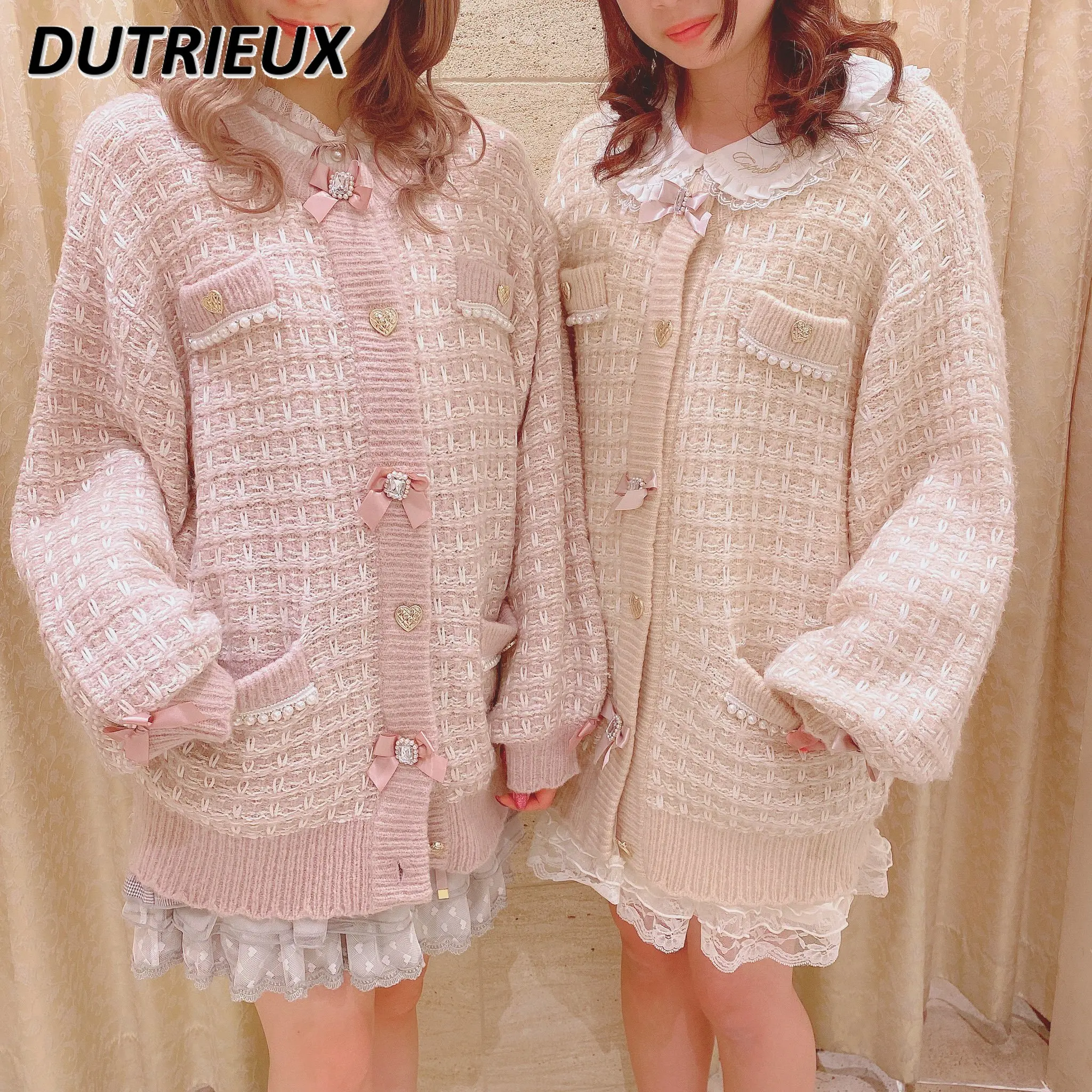 

Japanese Style Lolita Plaid Sweater Coat for Women 2023 Autumn Winter New Sweet Bow Design Long Knitwear Sweater Cardigan Jacket