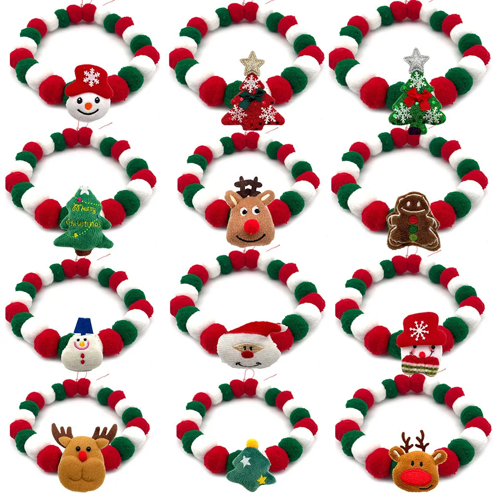 1pcs Christmas Pet Dog Bow Tie Hair Ball Necklace Collar Snowman Deer Pet Dog Bowties Dog Grooming Accessories