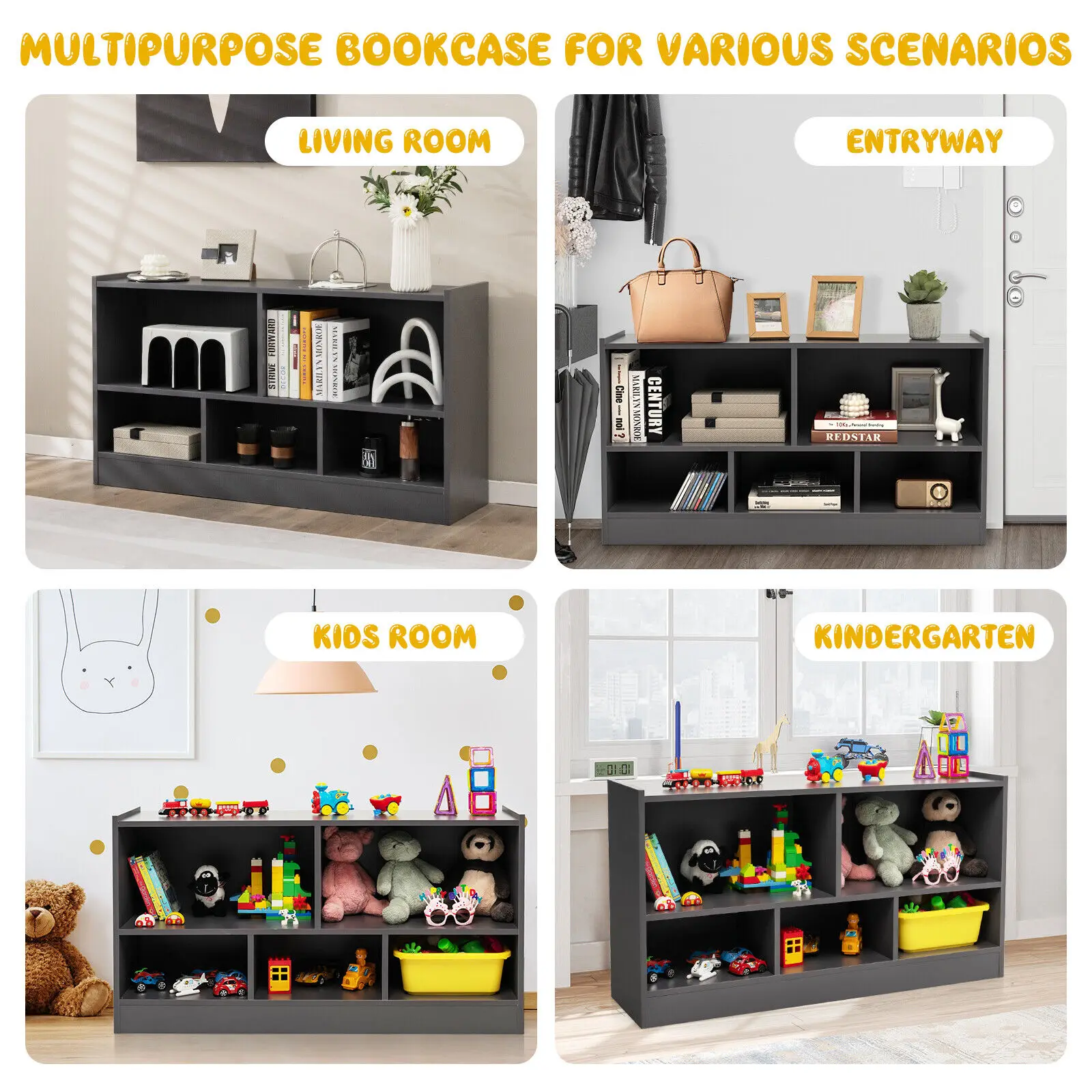 Armario Infantil para Juguetes Organizador de Juguetes 3 Cubos y 2 Cajas  Abiertas Estantería para Niños Salón 76 x 28 x 94 cm - Costway