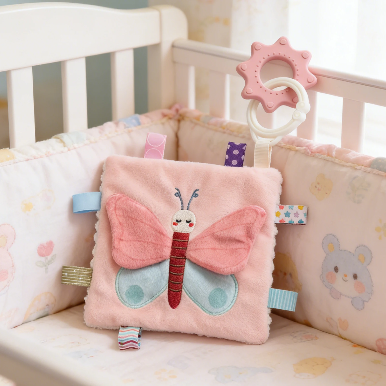 Copertina Sensoriale Baby Bee con Massaggiagengive, Morbida Copertina di Sicurezza in Peluche per Neonati, Giocattolo da Appendere al Passeggino per 0-24 Mesi - immagine 6