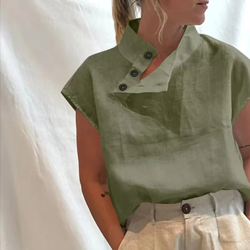 Women Cotton Linen Short Sleeve Casual T Shirt