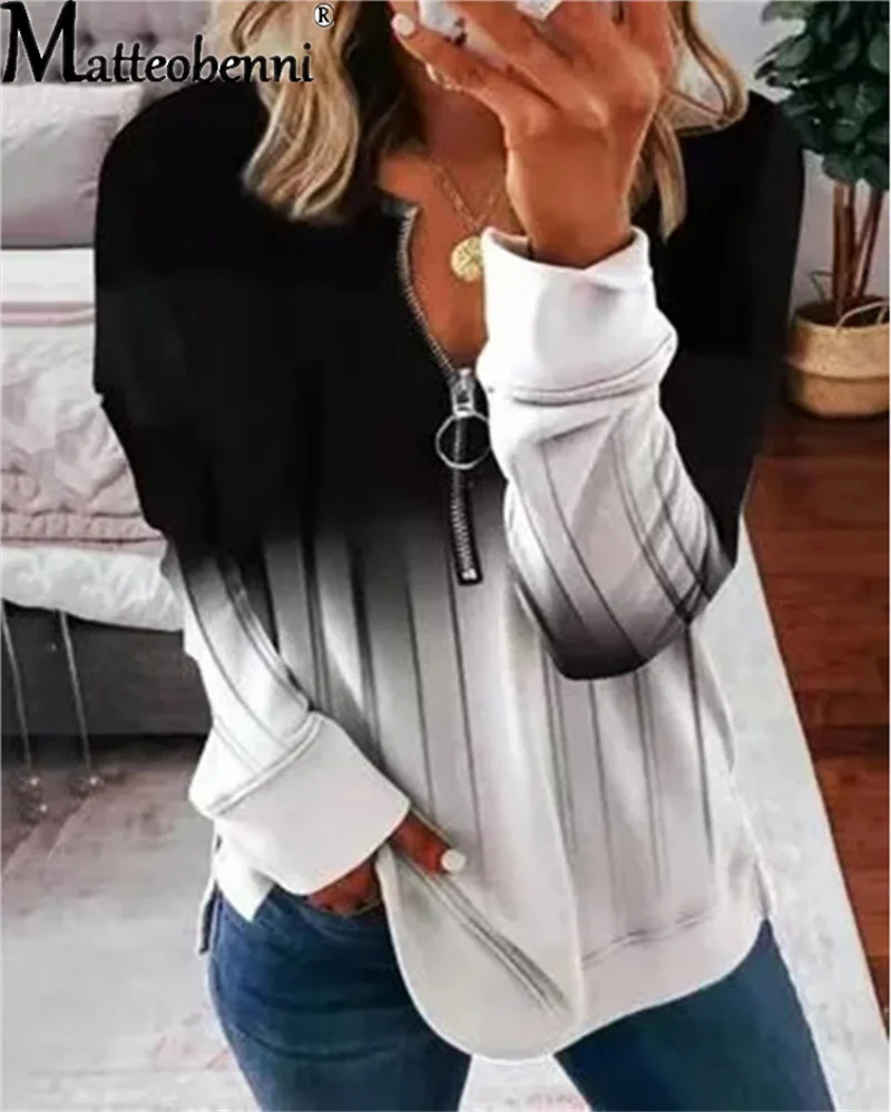 Women's Casual Zipper V Neck Sweatshirt Autumn Winter Fashion Color Block Long Sleeves Loose Tops Female Warm Hoodie Streetwear