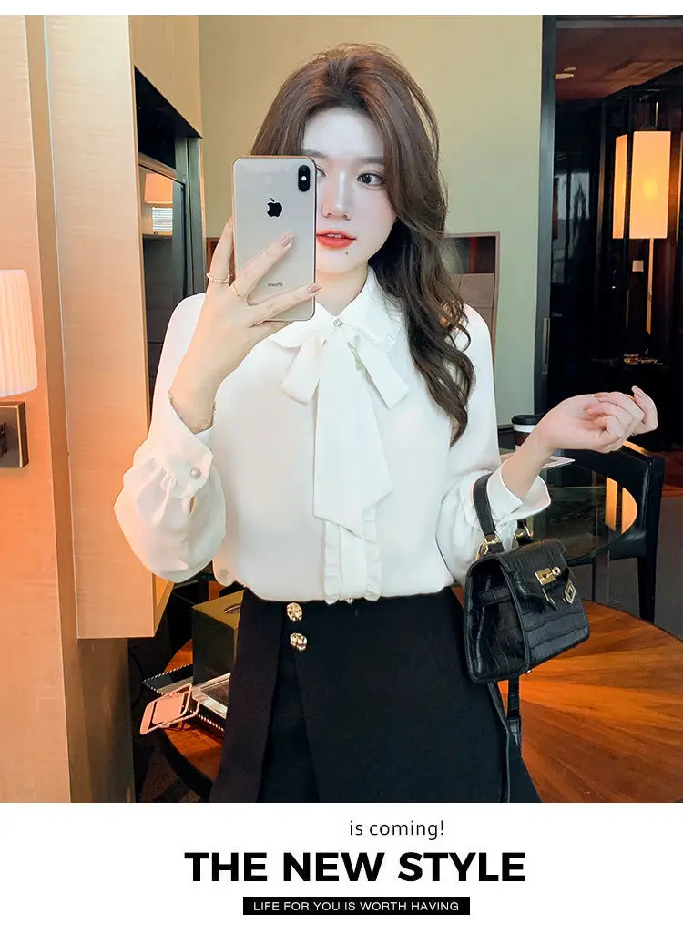 Bow Tie White Chiffon Shirt 2022 Spring Summer Korean Fashion Blouse Lace Elegant Long Sleeve Shirt for Female Casual Clothing