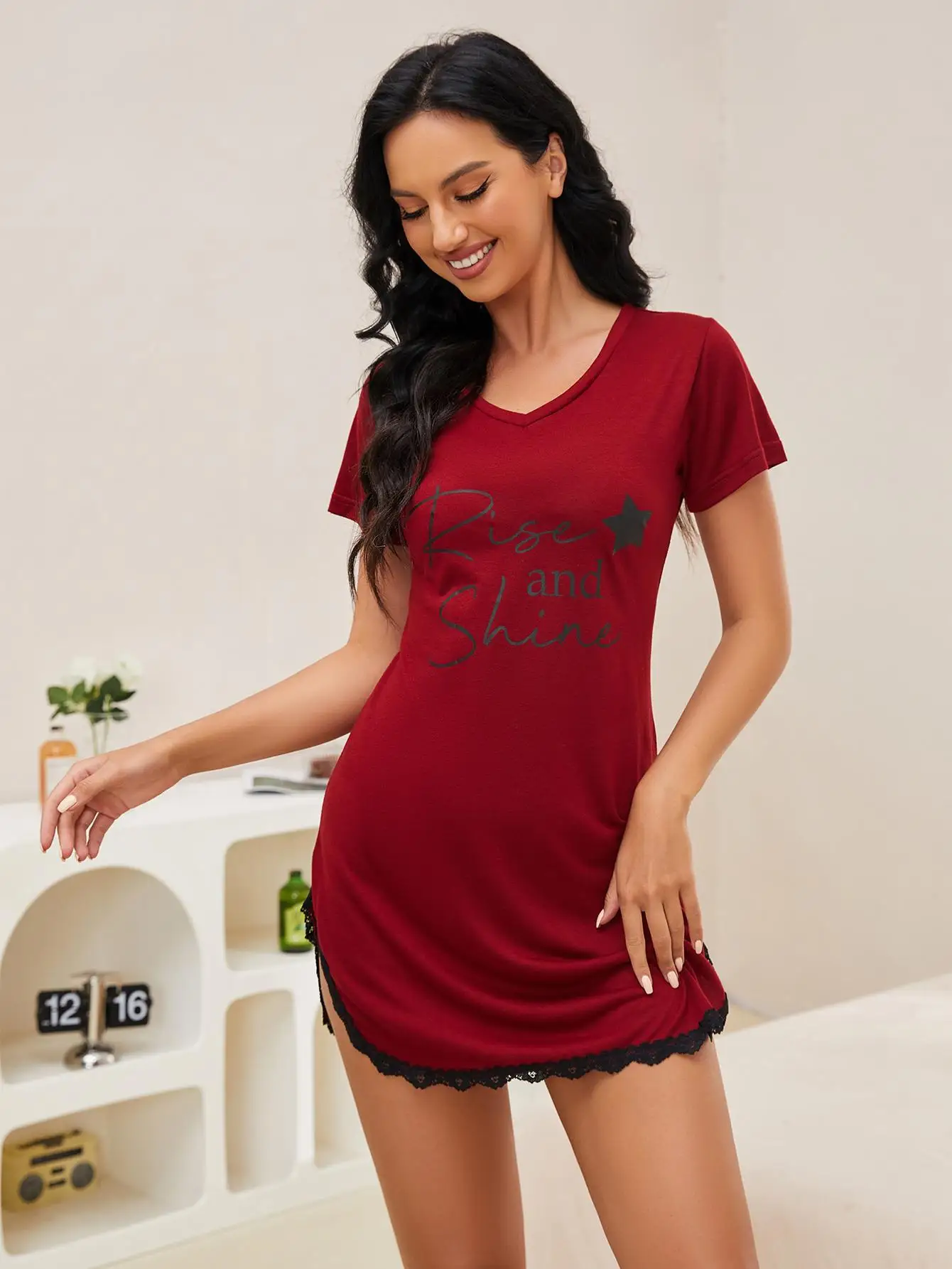 Nightgowns for Women Sexy Sleepshirts V Neck Short Sleeve Sleepwear Lace Trim Night Shirts Nightwear Homewear Nightdress Suit