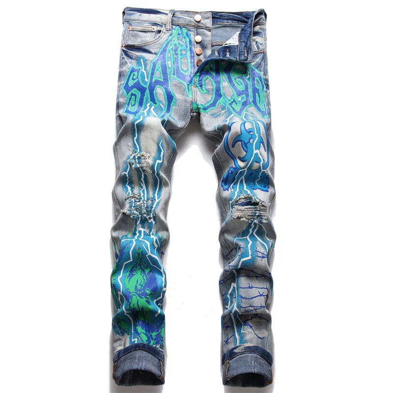 

Men Print Jeans Streetwear Letters Lightning Painted Stretch Denim Pants Vintage Blue Ripped Buttons Fly Slim Tapered Trousers