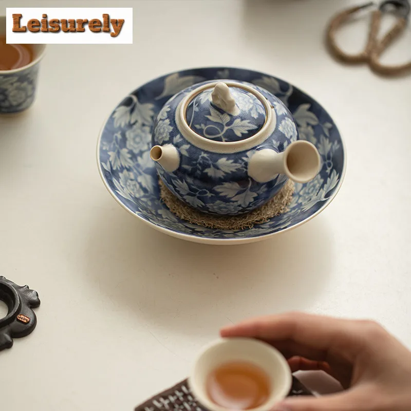 Soda Glazed Yuan Blue And White Ceramic Teapot Antique Tea Infuser Pot Tea Making Kettle With Filter Tea Ceremony Ornaments Gift