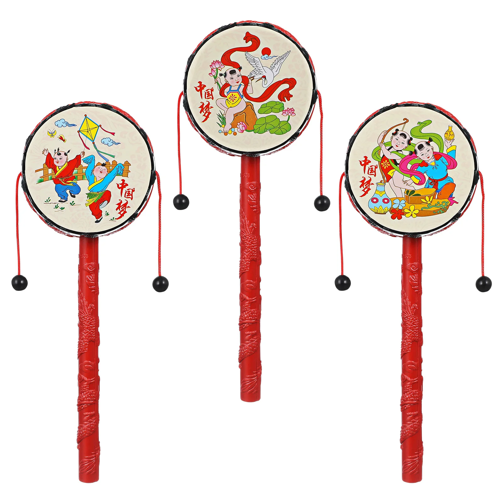 

3pcs Baby Rattles Traditional Drum-shaped Early Educational Hand Shaking Infant Toyss