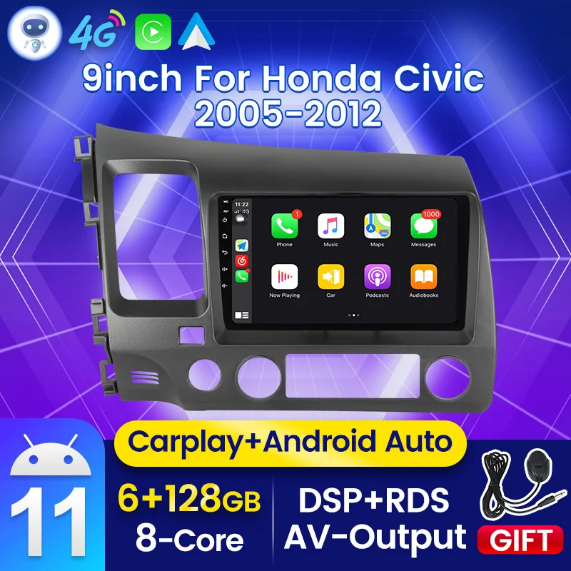 Автомагнитола IPS 4G Android 11 для Honda Civic 8 2005-2012 мультимедийный видеоплеер с GPS 2 Din CarPlay