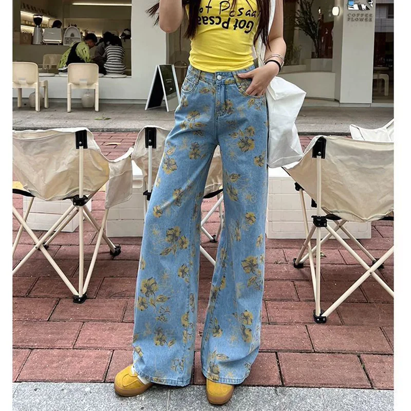 2025 Lady Retro Blue Flower Print Jeans Pants Female High Waisted Denim Pants Girls Thin Casual Daily Jeans Trousers 5