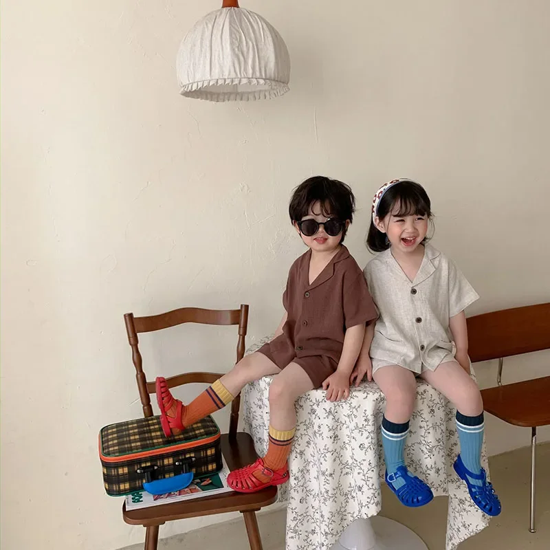 Summer Girls Clothes V-neck Single Breasted Shirt and Linen Shorts 2 Pcs Boys Suit boys clothing set girls clothing set kids clothing set