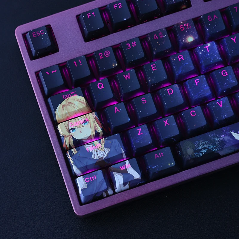 Chaves Conjunto Pbt Tintura Subbed Keycaps dos Desenhos Animados Anime Gaming Key Caps Oem Perfil Backlit Keycap para Violeta Evergarden 108 - Imagem 3