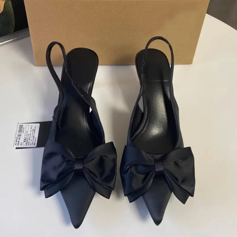 Elegant High Heels Women's Shoes Summer Black Shallow Mouth Pointed Toe Bow Slingbacks Luxury Party Office Lady Sandals
