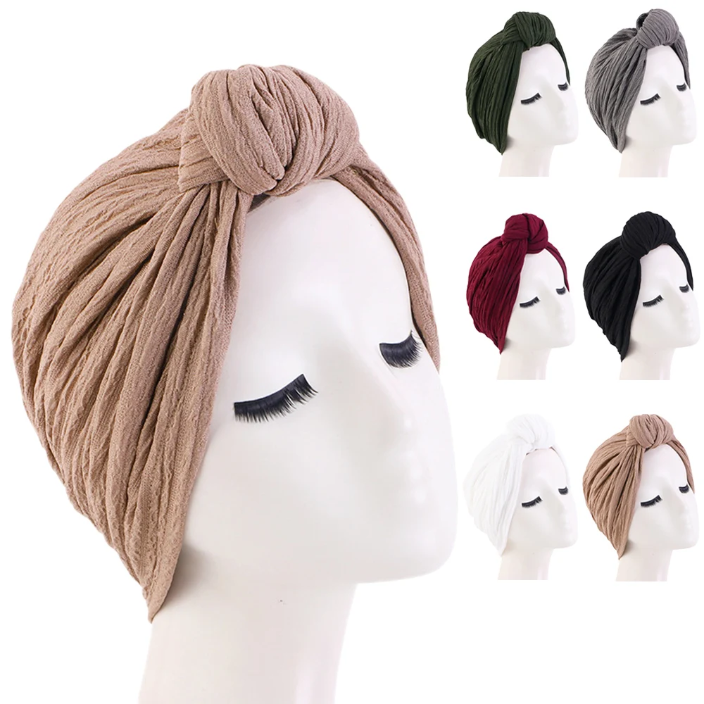 

Newest Women Knot Turban Pleated Crinkle Chemo Cap Muslim Hijab Bonnet Hat Inner Ninja Hair Loss Headscarf Wrap Beanies Headwear