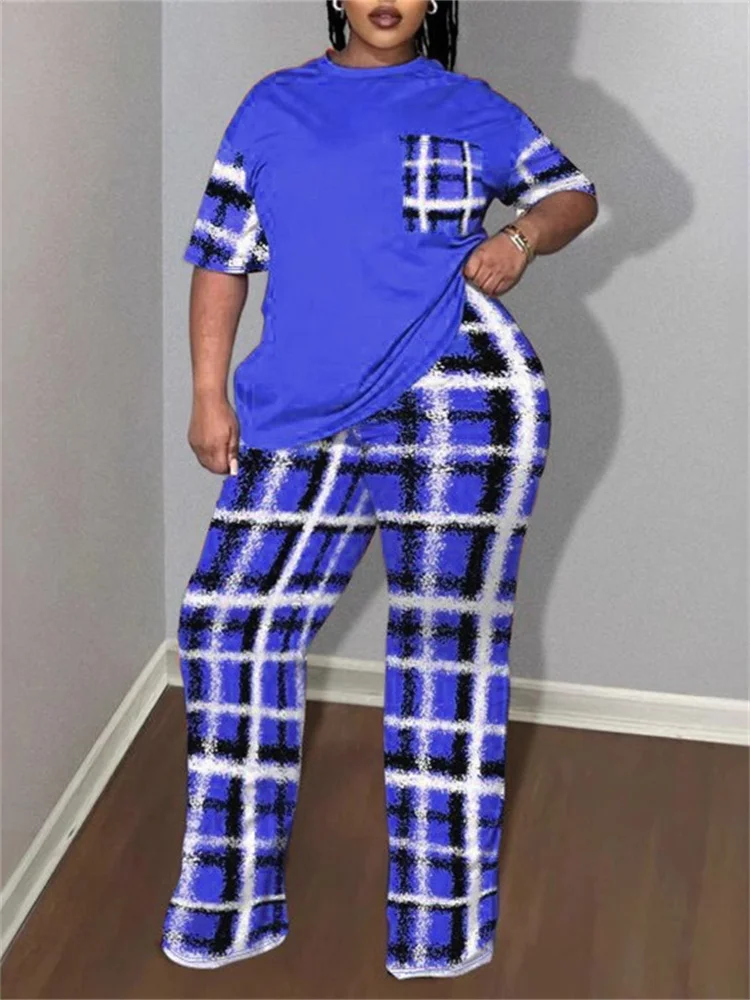 Wmstar Plus Size Two Piece Sets Women Clothing Solid Tops and Pants Plaid Wide Leg Pockets Wholesale Dropshopping New in Summer