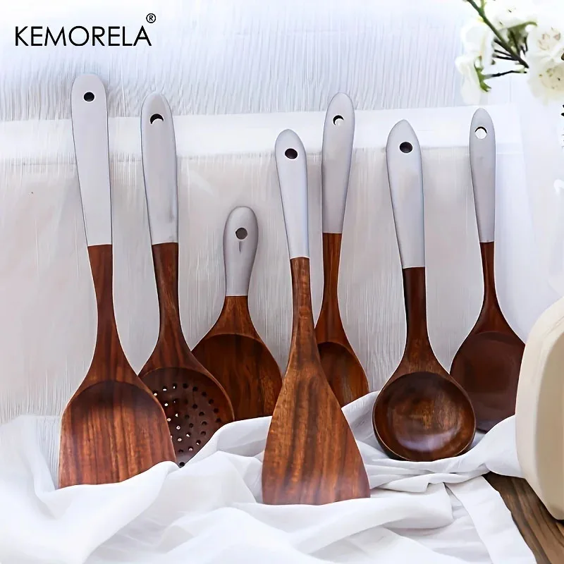 Thai Wooden Spoon Kitchen Non-Stick Food Grade Soup Spoon Rice Cookware Set 7PCS With Heat-Resistant Handles