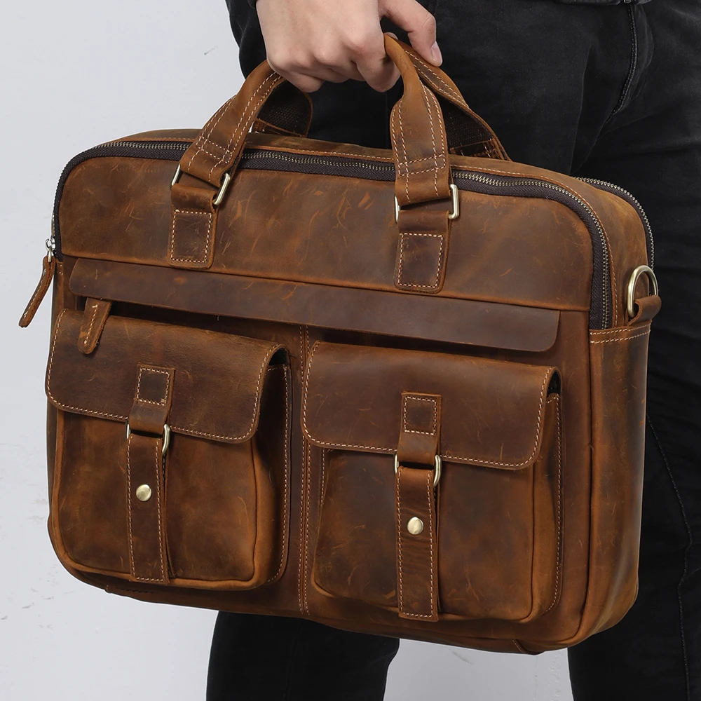 

Genuine leather men's backpack Business retro fashion 17 inch computer handbag Large capacity crossbody bag work bag for men