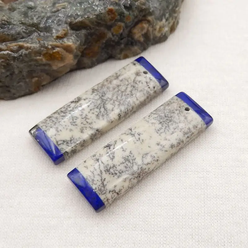 Natural Stone Sapling Jasper And Lapis Lazuli Intarsia Earrings Accessories For Women DIY Jewelry Making 35x11x5mm 9g