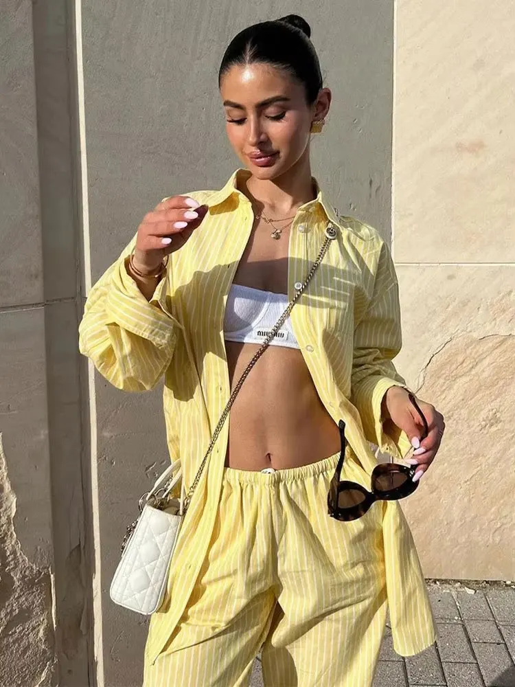 HH Women Yellow Stripe Blouse Pant Suit Loose  Long Sleeve Shirt Drawstring Trousers 2024 Female Fashion Streetwear Outfits