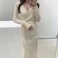 Chic V-ne Knitted Wrap Waist Slimming Mid-length A-line Dr Women's Sweater Dr Korean Sle High Waist Long Sve - Image 5
