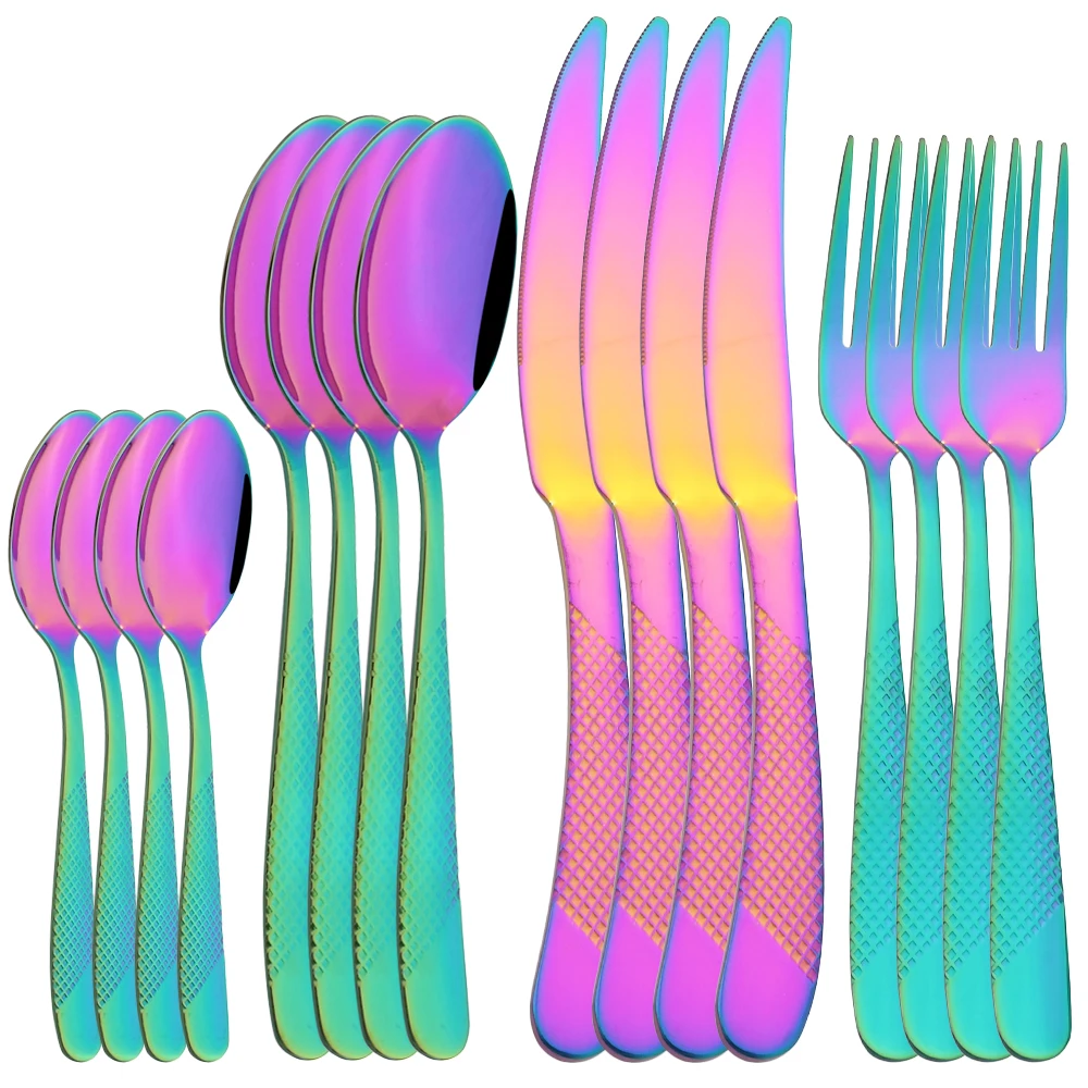 

Drmfiy Rainbow 16Pcs Dinnerware Set Dinner Knife Fork Cutlery Set Kitchen Silverware Set Stainless Steel Flatware Drop Shipping