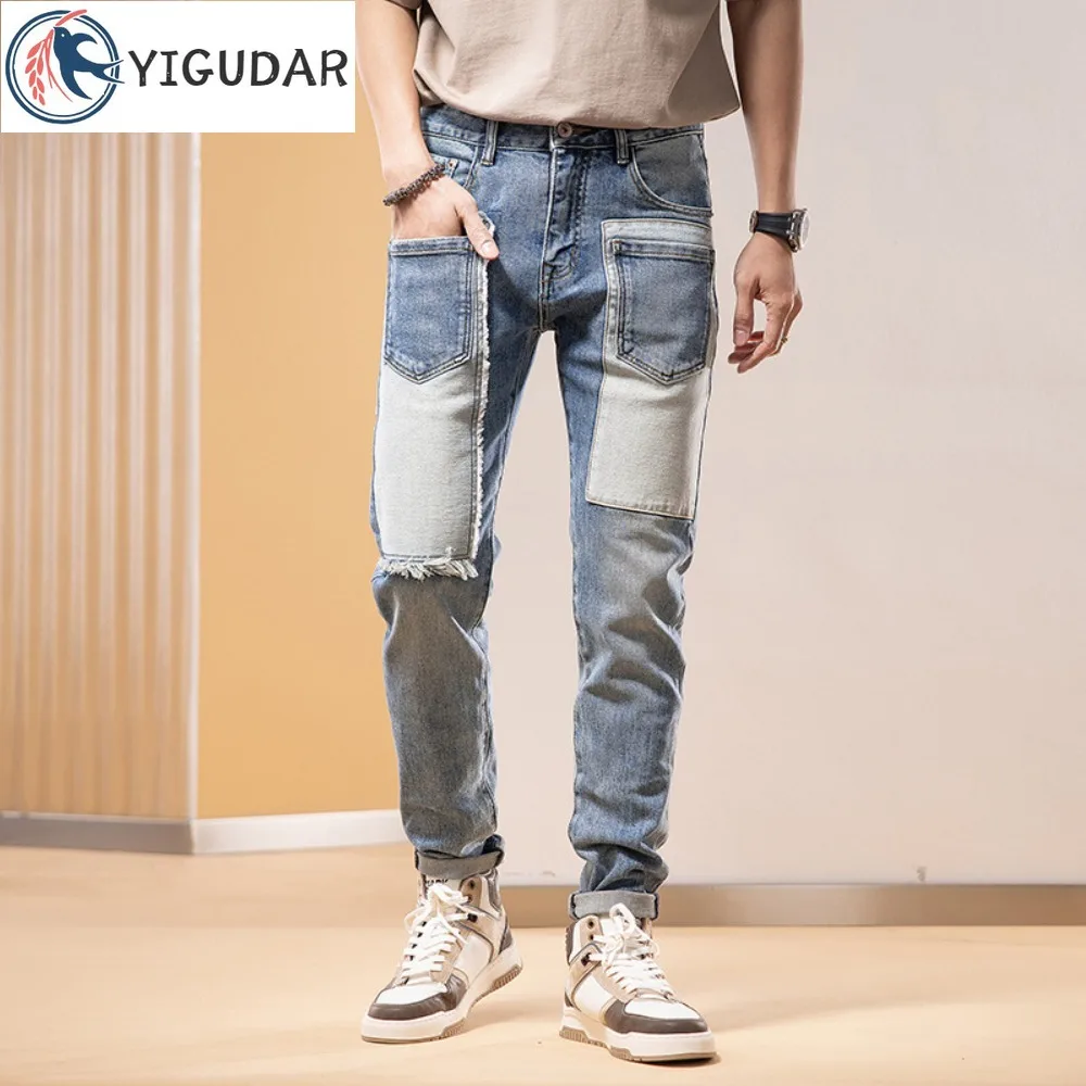 

2024 Men's Skinny Jeans Youth Vitality Male Streetwear Denim Pencil Pants Button Fly Slim Patch Multi Pocket Spring Autumn New