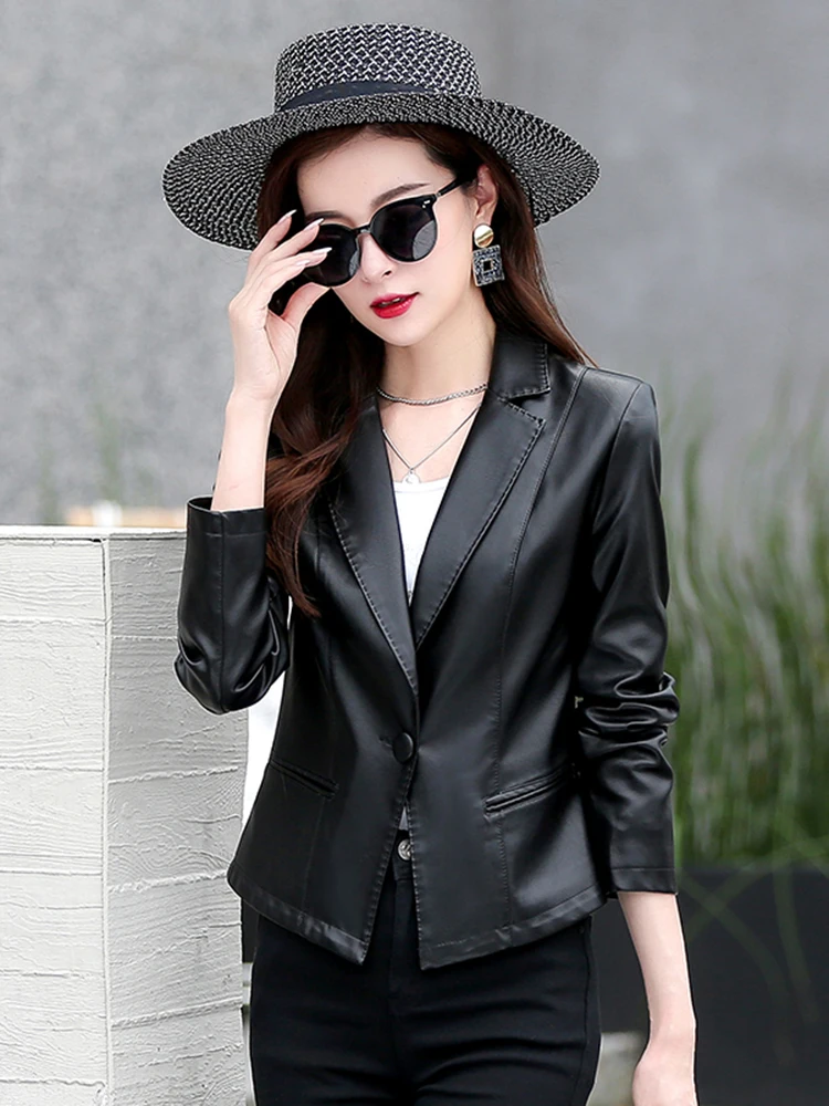 New Fashion Designer Blazer Sheep Leather 2023 Women's Classic Single Button Slim Fitting Jacket Short Sheepskin Coat Size M-5XL