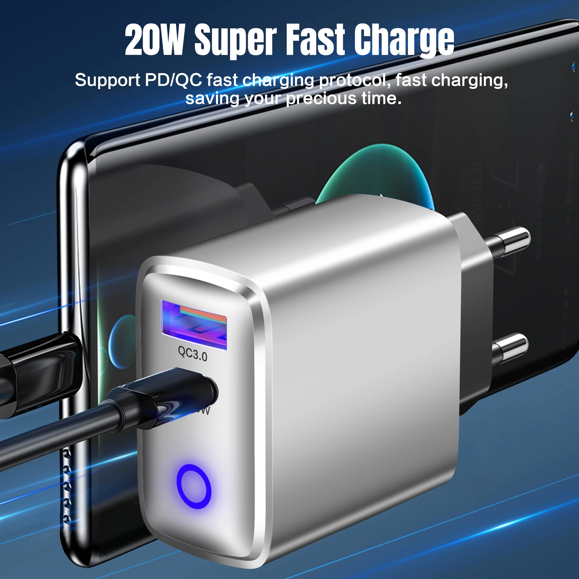 PD 20W QC3.0 USB C Fast Charger Dual Port Wall Adapter EU US Plug With Round LED Indicator For iPhone Samsung Xiaomi USB Charger