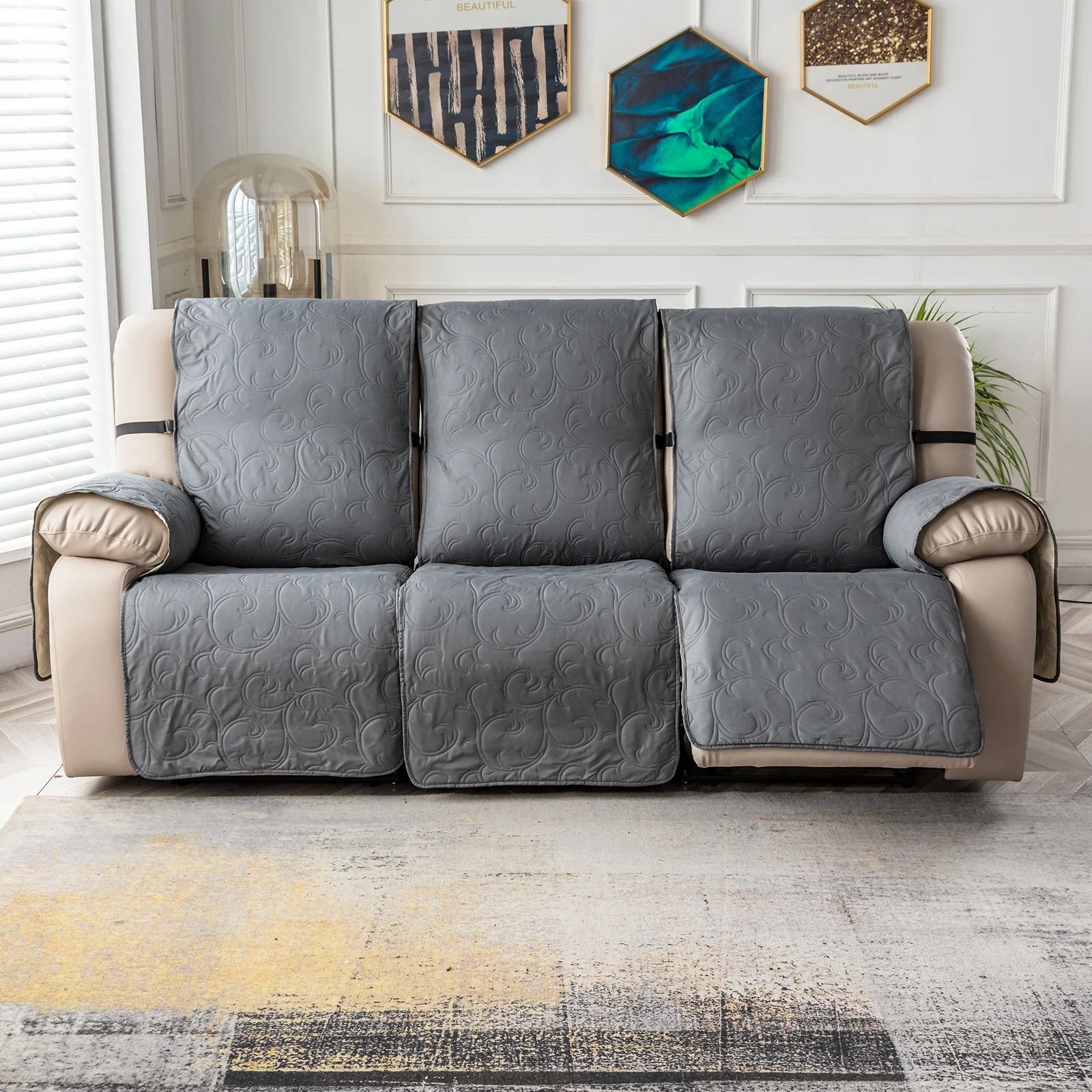 Non-Slip Recliner Sofa Covers 3 Seaters Elastic Band Sofa Covers Washable Furniture Protector for Bedroom, Office, Living Room 2