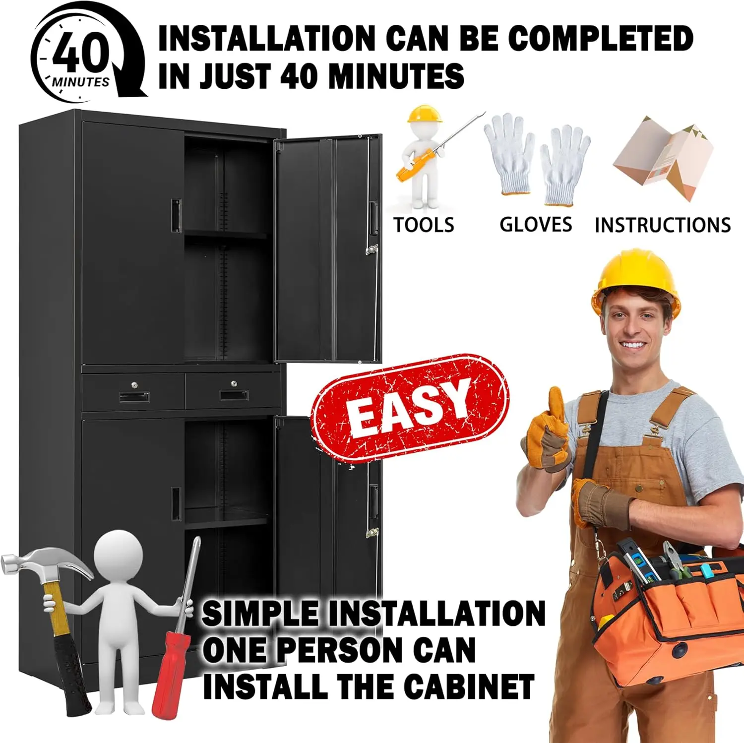 Storage Cabinet，71" Garage Storage Cabinet with 2 Locking Drawer and 4 Adjustable Shelves ，Black Tool Cabinet，Lockable Fil 6