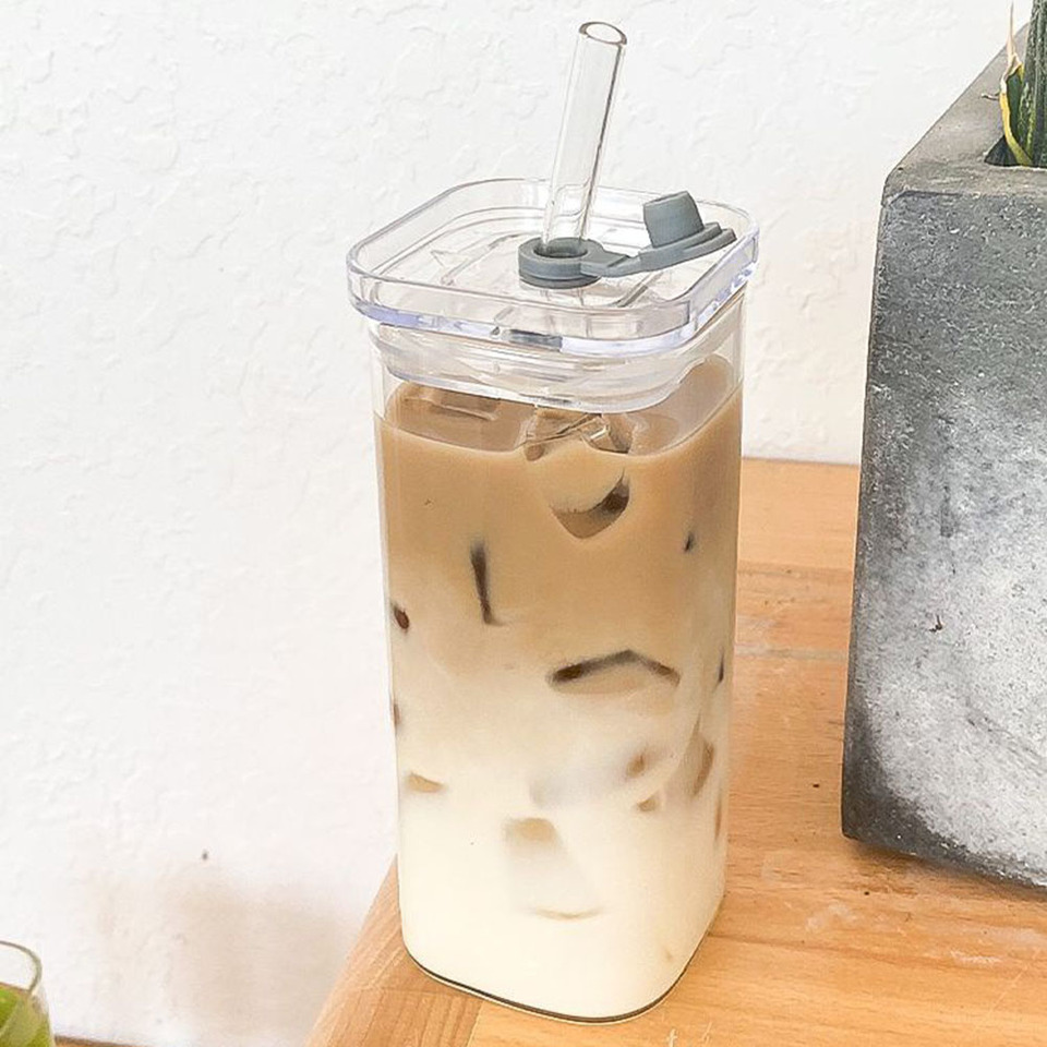 FZCSPEED Square Glass Cups with Lids and Straws, Water Glasses Coffee Mug,Lids/Straws Included for Cocktail, Coffee, Juice, Beer