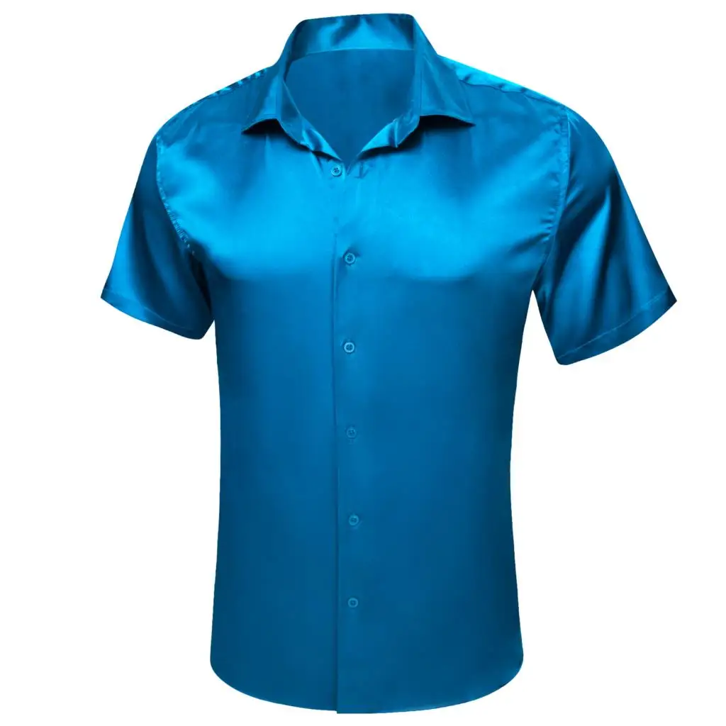 Camisas de lujo de manga corta para hombre, Tops informales de seda satinada sólida, azul, dorado, verde azulado, gris, rosa, ropa ajustada de verano, Barry Wang