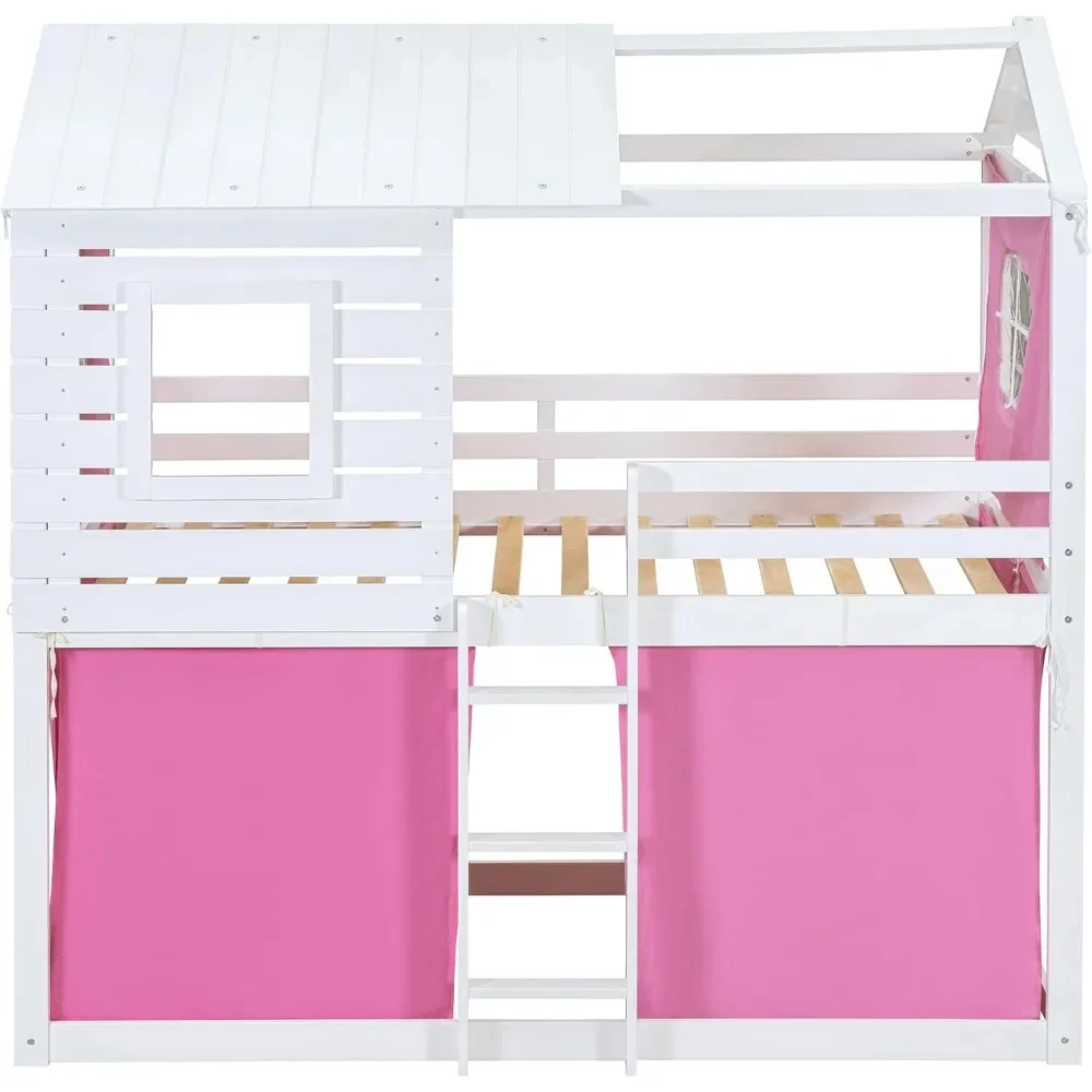 Twin Over Twin Bunk Bed with Tent, Wood Twin Size House Bed Frame, , Pine Wood, MDF House Bunk Bed Pink+White Modern Plywood 4