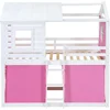 Twin Over Twin Bunk Bed with Tent, Wood Twin Size House Bed Frame, , Pine Wood, MDF House Bunk Bed Pink+White Modern Plywood 4
