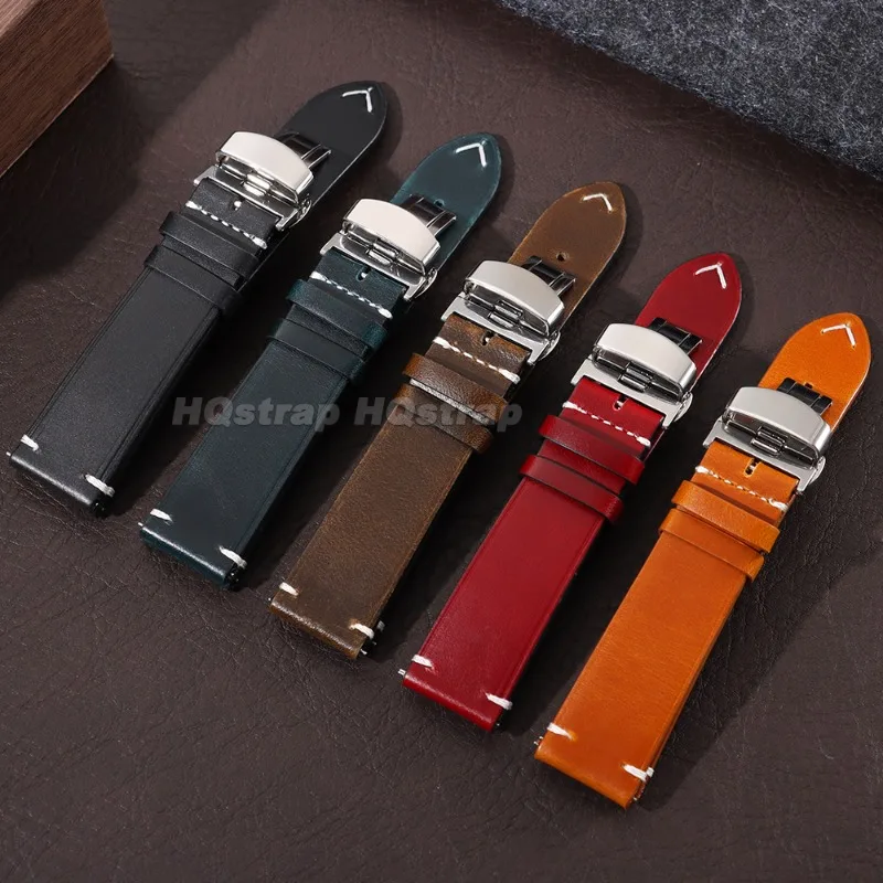 Elegant Hand-Stitched Leather Watch Band with Automatic Butterfly Clasp