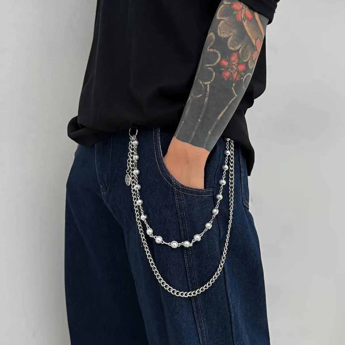 Salircon Hip Hop Punk Imitation Perlen Jeans Hosen Schlüsselbund für Männer Gothic Perlen Hosen Kette Straße Harajuku Schmuck Zubehör – Detail 2
