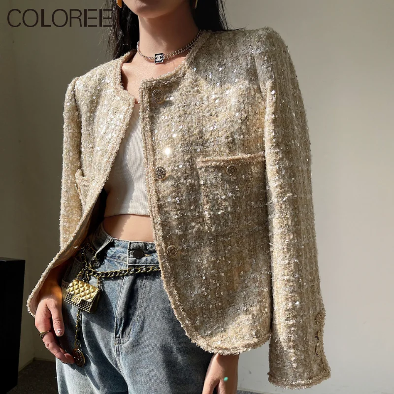 

Autumn Winter Clothes Women 2023 Elegant Luxury Sequined O-neck Short Tweed Jacket Wool Coat Abrigos Para Mujeres