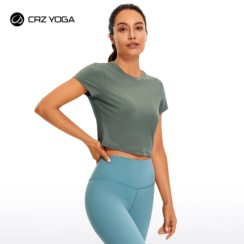 

CRZ YOGA Butterluxe Short Sleeve Shirts for Women High Neck Crop Tops Basic Fitted T-Shirt Gym Workout Top