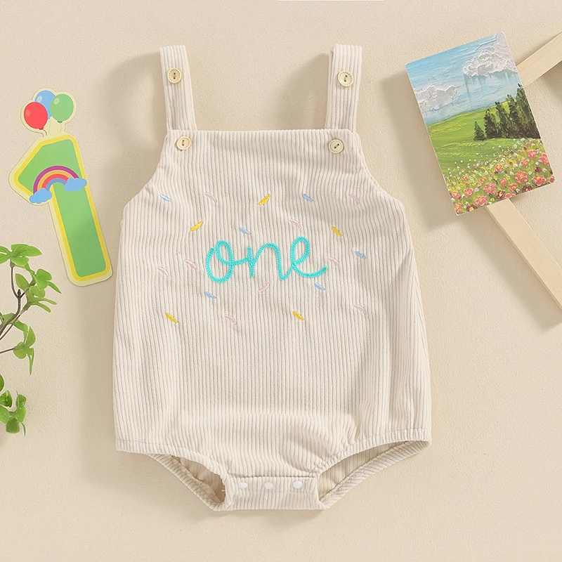 첫 번째 생일 Romper 민소매 단추 클로저 편지 바디 슈트 소녀 소년을위한 캐주얼 작업복