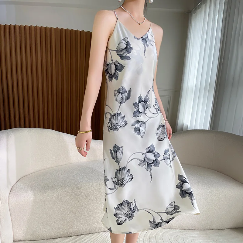 

Sling Printed Skirt Women Satin Dress Ladies Sleeveless Outer Wear Long Classic Dress For Women New Acetic Acid Silk Long Skirt