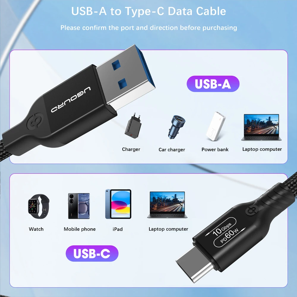UGOURD USB 3.2 3.1 Gen2 10Gbps USB-A-유형 C 케이블 USB-C 데이터 전송 케이블 USB 허브 SSD 박스용 60W 고속 충전 코드