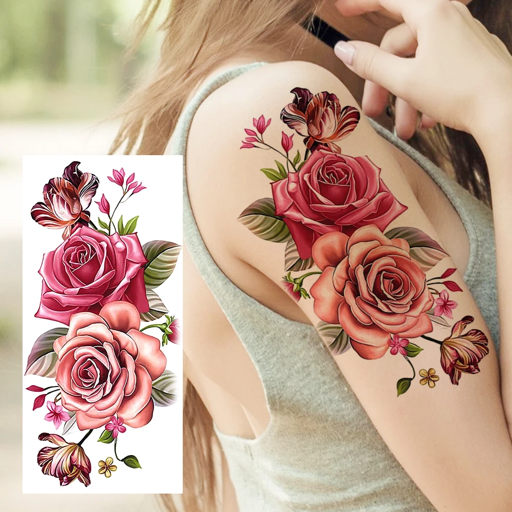 Colorful Flower Temporary Tattoos For Women Girls Realistic Lavender Butterfly Flower Fake Tattoo Sticker Forearm Body Tatoos 3D