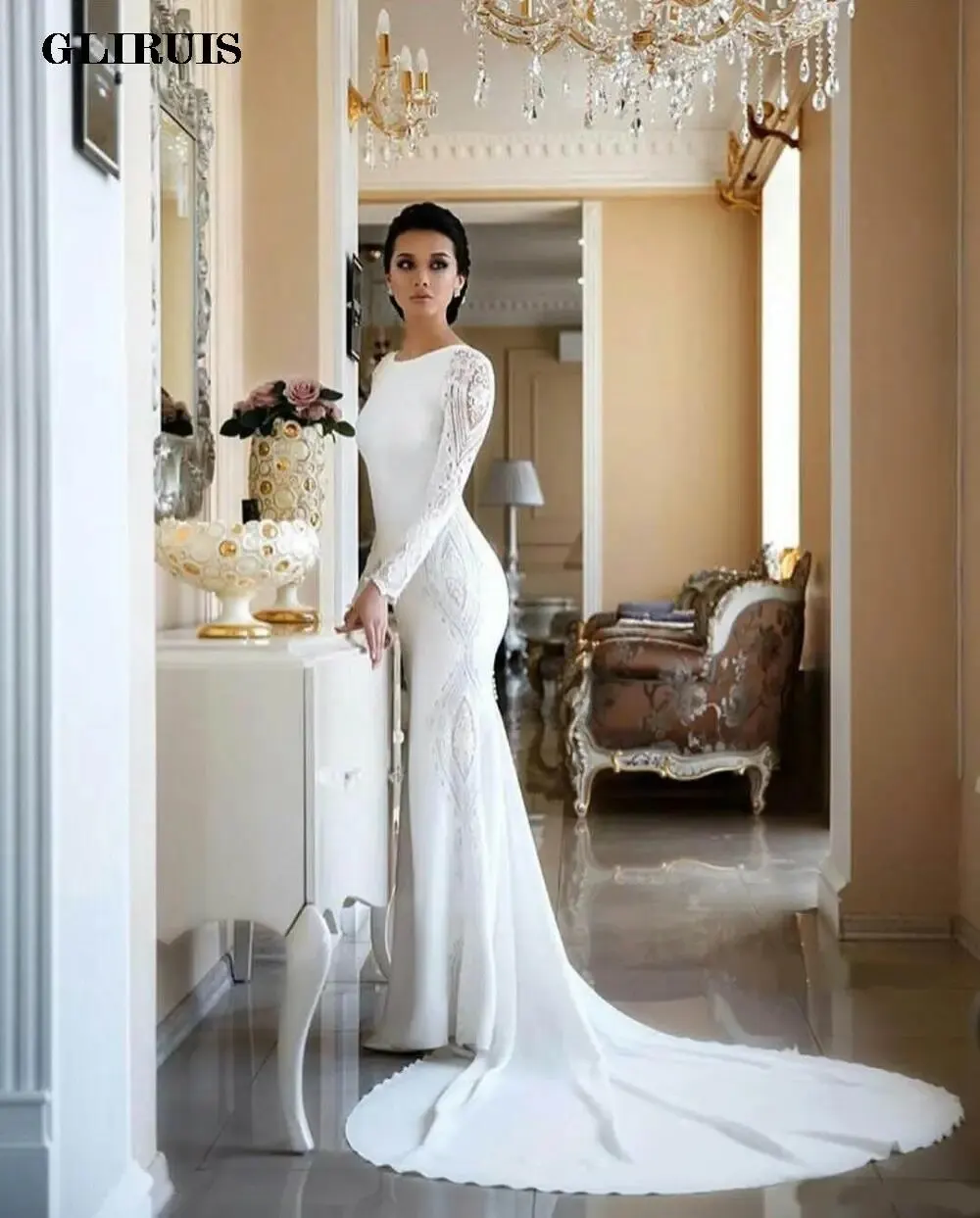 

Elegant Mermaid Wedding Dresses Long Sleeves Lace Appliqued Beaded Brush Train Bridal Gowns Floor-Length Vintage Plain Dress