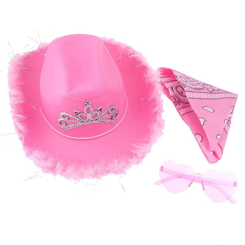 1Set Cowboy Caps Western Cowgirl Hat for Women Girl Photo Props Bandana Glasses Glamorous Cowgirl Hats Party Fedora Cap