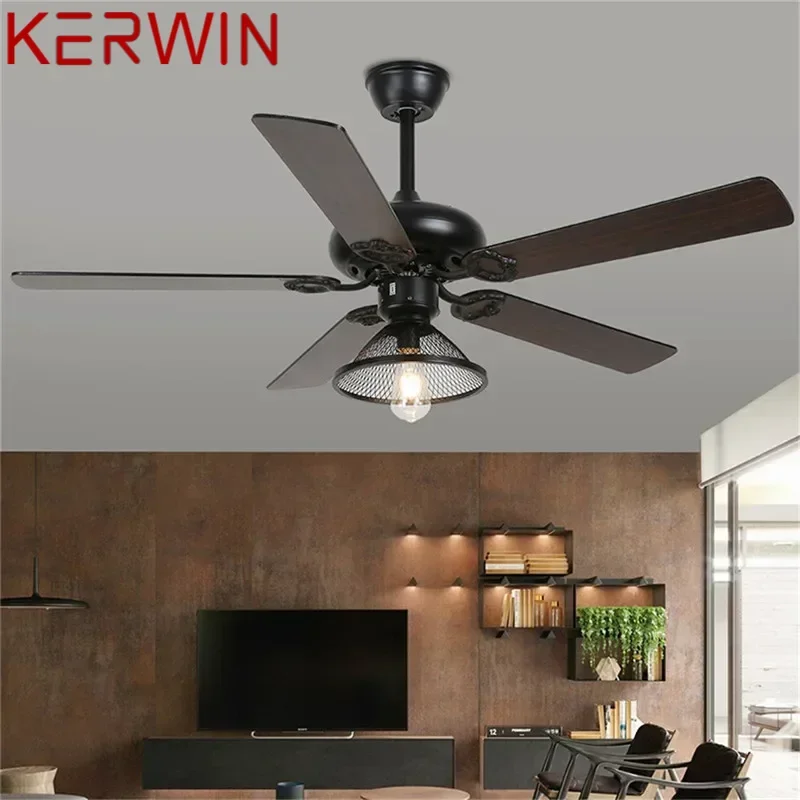 KERWIN European Luxury LED Fan Light American Retro Living Room Restaurant Bedroom Ceiling Fan Light Remote Electric