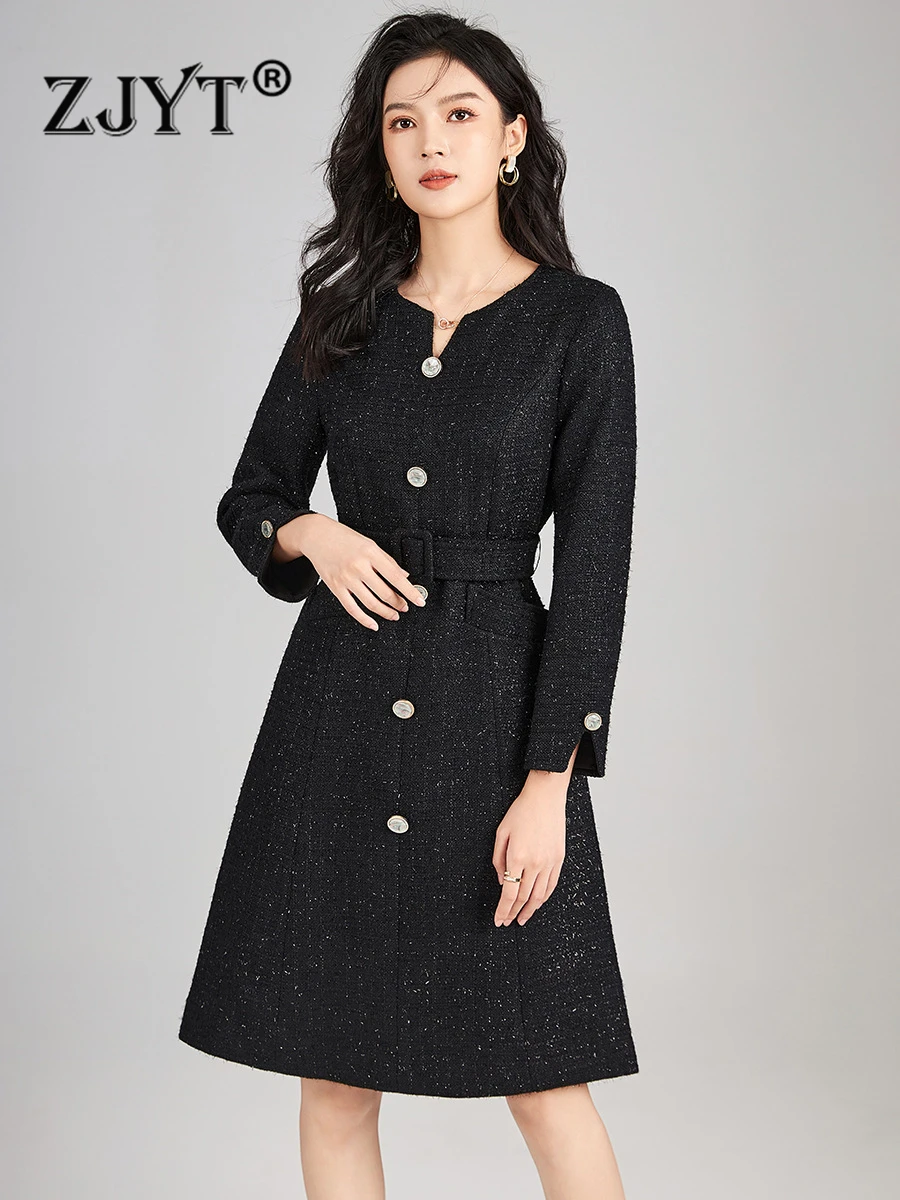 

ZJYT Elegant Autumn Winter Black Tweed Dresses for Women 2023 Long Sleeve Belt Office Vestidos Knee Length Casual Party Robe