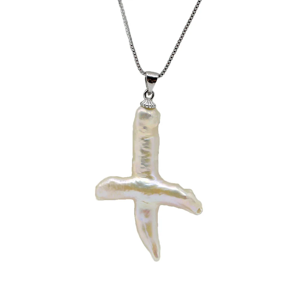 Pearl Cross Pendant White Natural Pearl Natural Shape Silver Necklace Baroque Cross Pearl Pendant Ladies Necklace Pendant