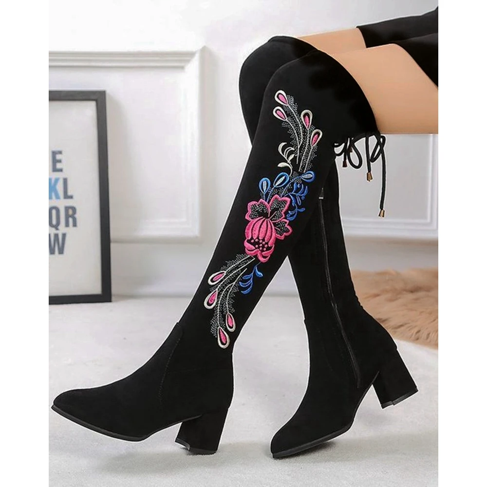 2023 Winter Women Floral Embroidery Zipper Tied Detail Evlvet Over-the-Knee Boots Pointed Toe High Heel Long Boots Korean Style