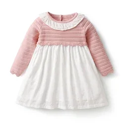 

Knitted Baby Girl Dresses Floral Dress Children Long Sleeve Knit Romper Sister Matching Sweaters Ruffles Collar Clothes Vestidos