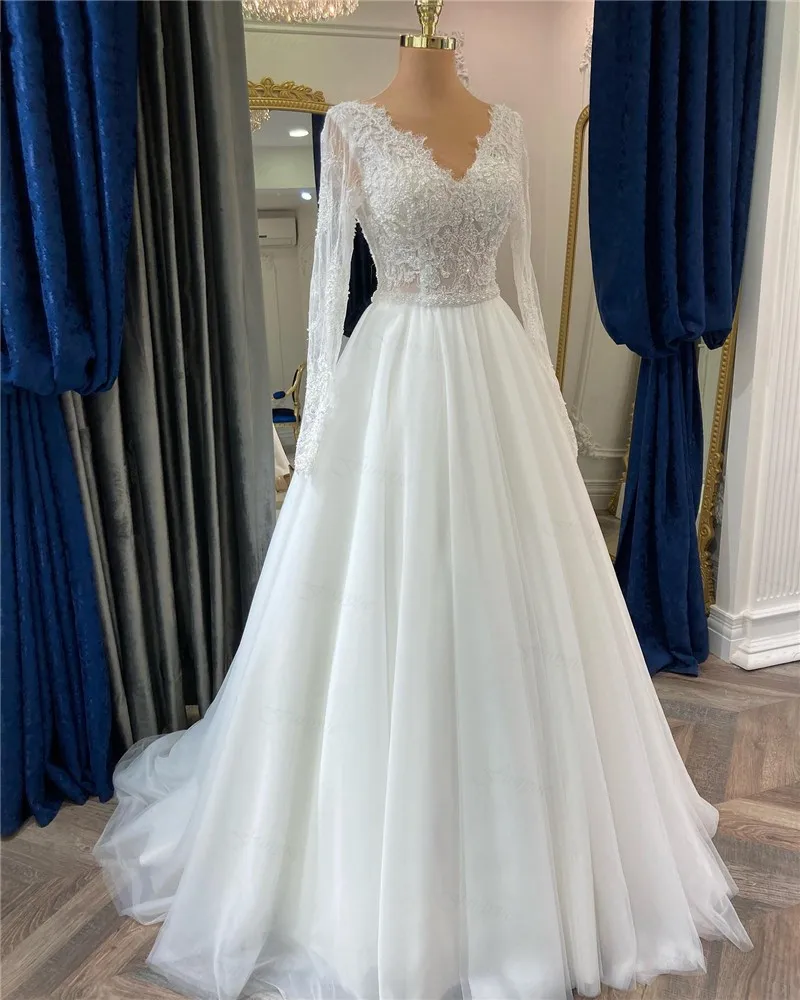 

Elegant V Neck A Line Wedding Dresses For Bride 2023 Robe De Mariée Princess Lace Appliques Tulle Long Sleeves Beads Bridal Gown